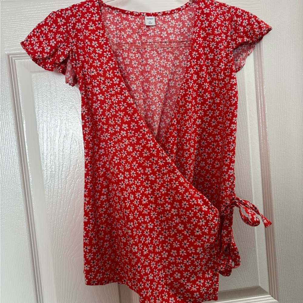 Old Navy Red Floral Wrap Blouse